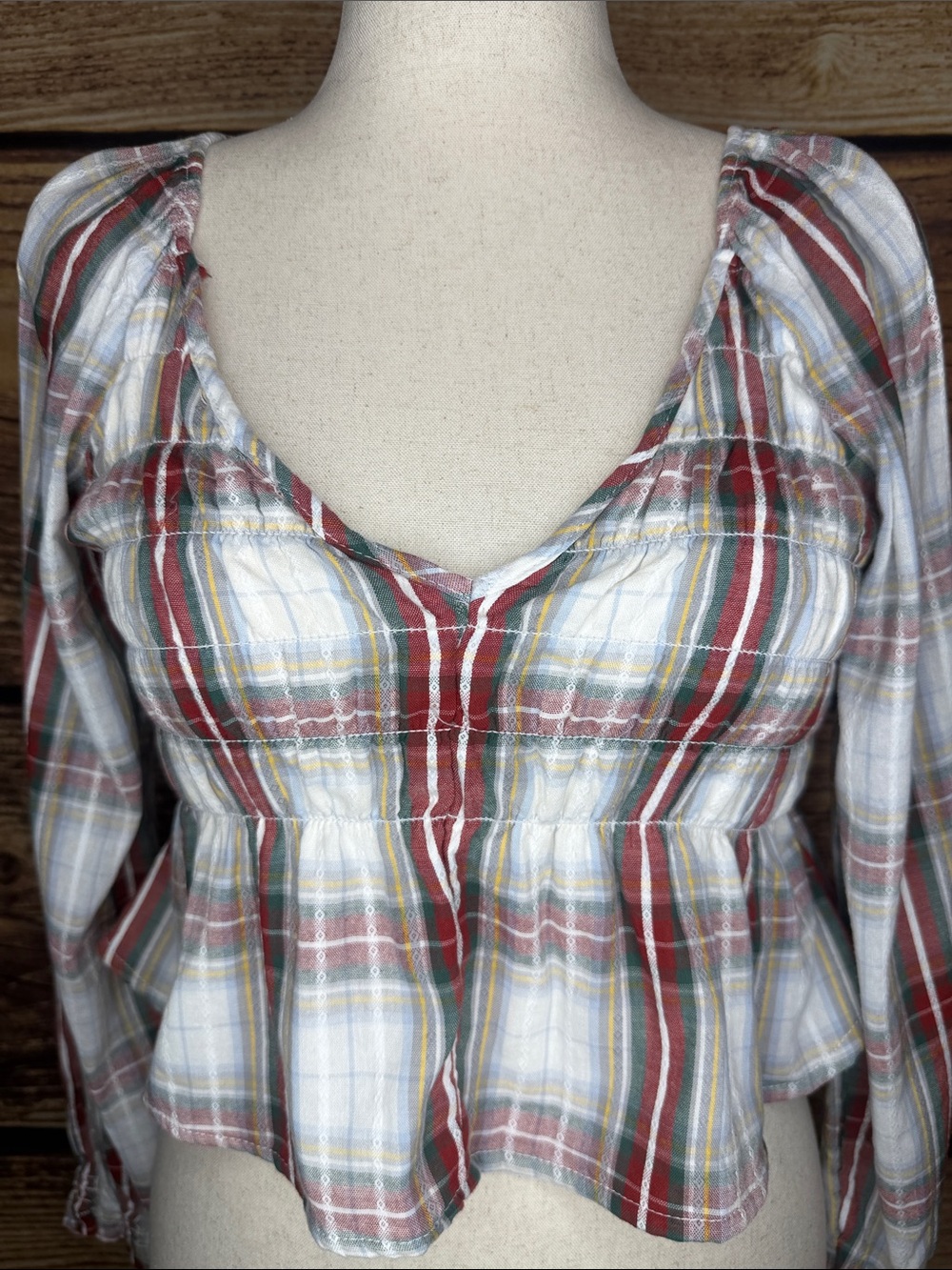 American Eagle Outfitters Red Green White Plaid Peplum Crop Top NWOT